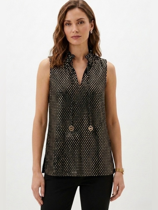 MICHAEL Michael Kors Tops - MICHAEL Michael Kors Black Gold Metallic Diamond Ruffle V-Neck Top Size M